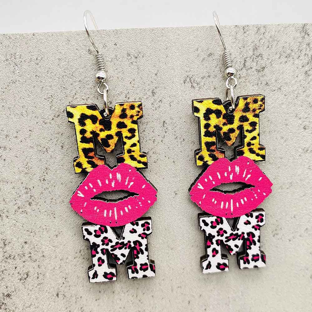 Wholesale Mother's Day Leopard Pink Lip Print MOM Wooden Earrings ACC-ES-CY010