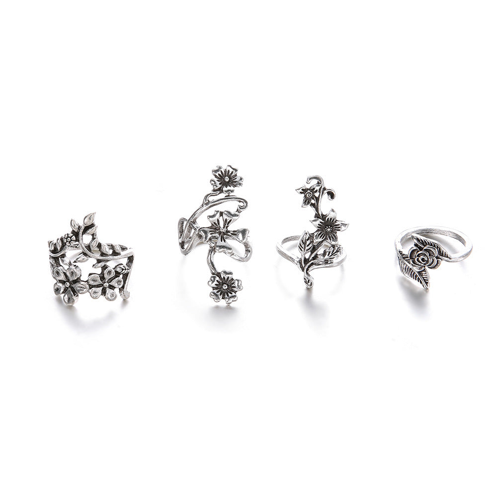 Wholesale Zinc Alloy Vintage Floral Vine Ring Set Ancient Silver Butterfly Design Everyday Fashion Jewelry Accessory