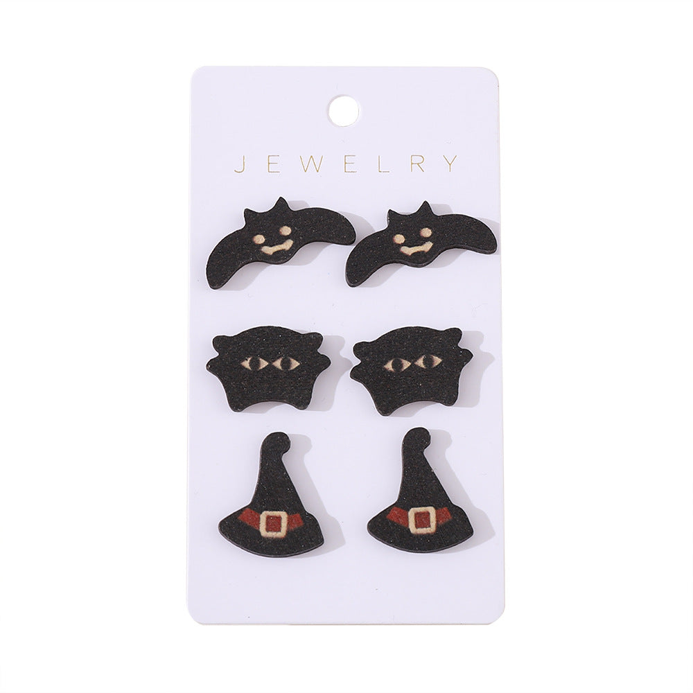 Wholesale Halloween Bat Black Cat Witch Hat Earrings Set