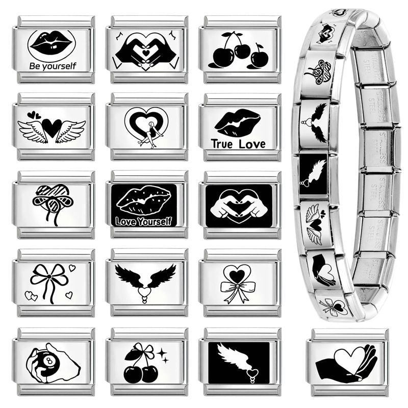 Wholesale Italian Charm Bracelet 9mm DIY Splicing Black and White Lettering Stainless Steel Composable Bracelet