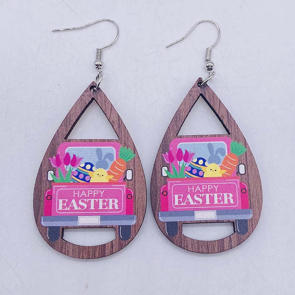 Wholesale Easter Egg Dwarf Rabbit Water Drop Hollow Wooden Earrings ACC-ES-CY003