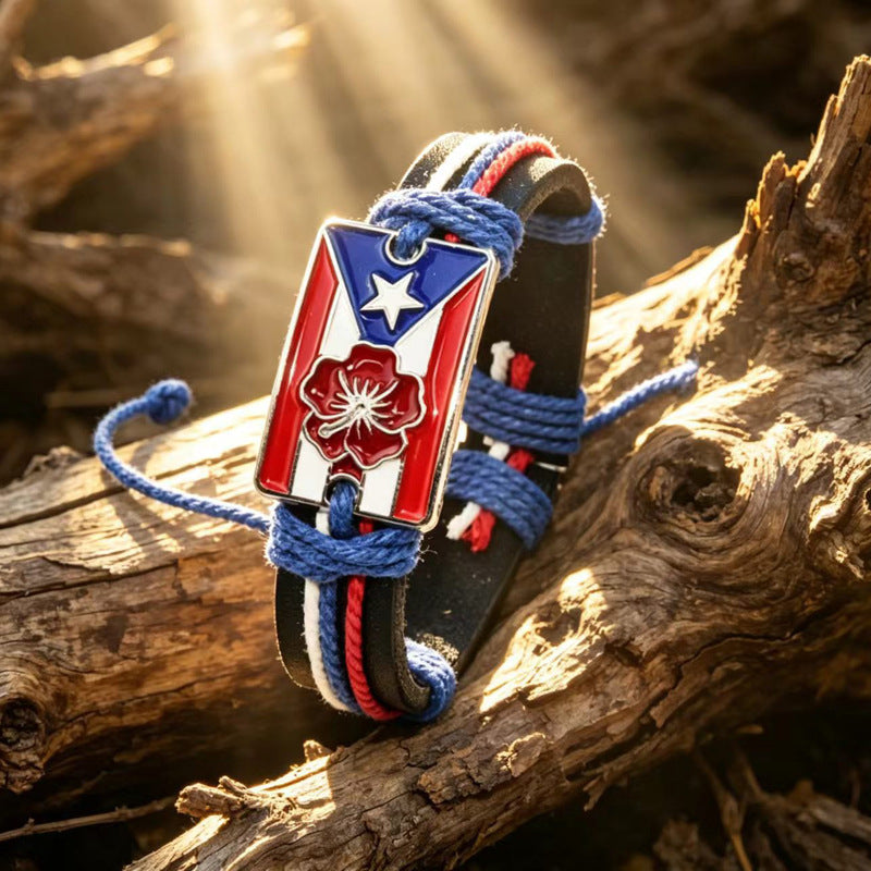 Wholesale European and American style zinc alloy Puerto Rican flag genuine leather bracelet,  men' s hibiscus macadamia flower wholesale woven bracelet