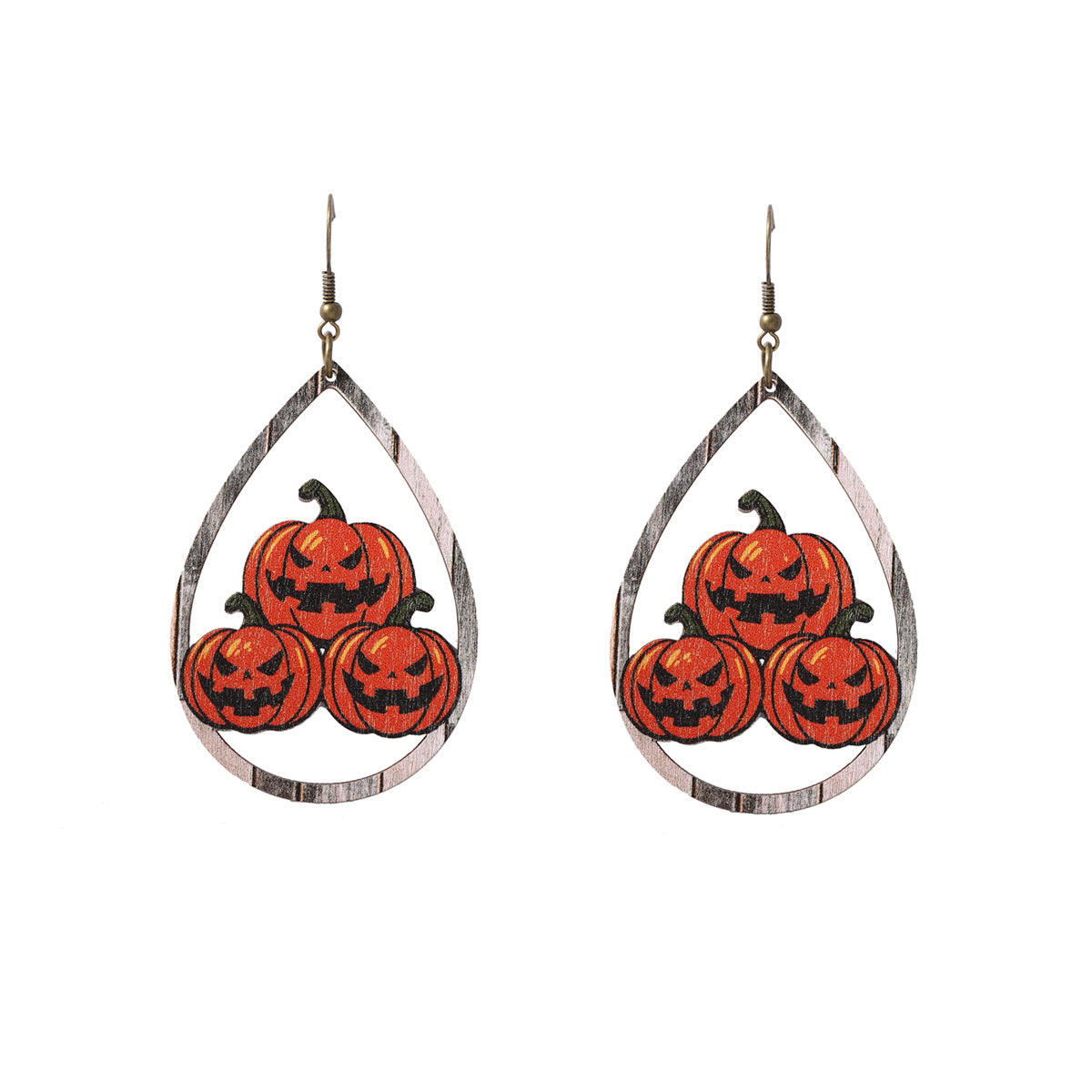 Wholesale  wooden printed water drop pumpkin head earrings