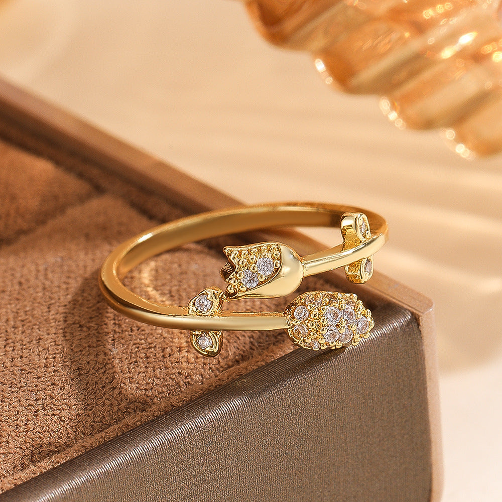 Wholesale Chic Gold Floral Leaf Open Adjustable Ring Zircon Crystal Fashion Jewelry Accessory For Everyday Wear