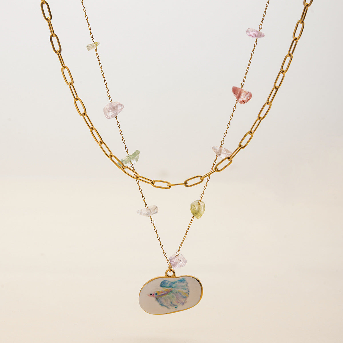 Wholesale 18K Gold Stainless Steel Oval Oil Drop Printed Colorfulful Natural Stone Double-Layer Necklace