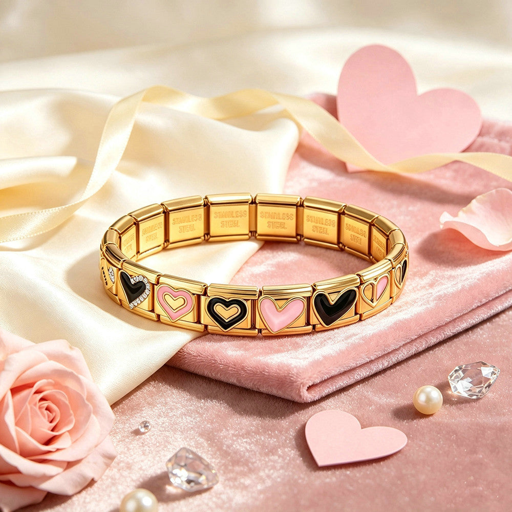 Wholesale Black Pink Heart Bow Stainless Steel DIY Elastic Bracelet Chic Jewelry Accessory For Everyday Wear
