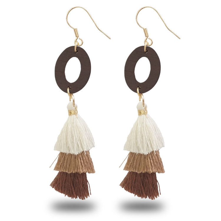 Wholesale 2 pairs/pack Hand Braided Earrings Ethnic Style Wooden Tassel Earrings ACC-ES-Jixuan003