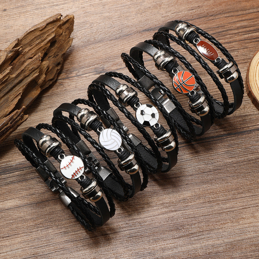Wholesale Retro Soccer Basketball Volleyball Alloy Buckle Men S Multi Layer Braided Leather Beaded Bracelet Fashion Jewelry Accessory
