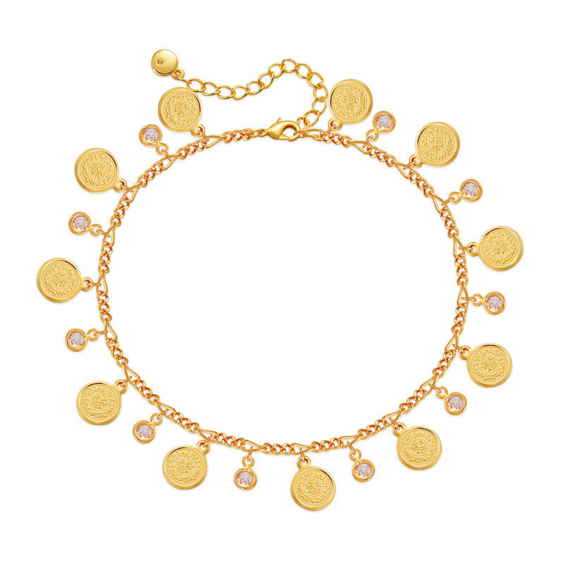 Wholesale small disc brass plated 18K real gold chain anklet