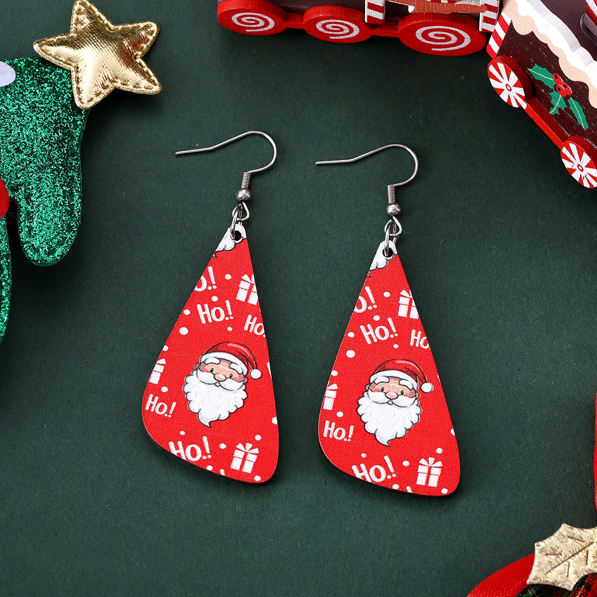 Wholesale Christmas Santa Claus Red and Black Plaid Geometric Wood Earrings ACC-ES-ChuLian074