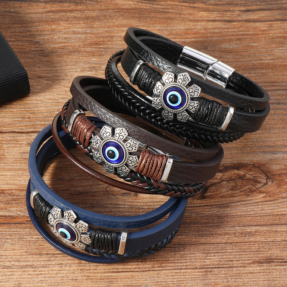 Wholesale Leather multi-layered floral evil eye bracelet