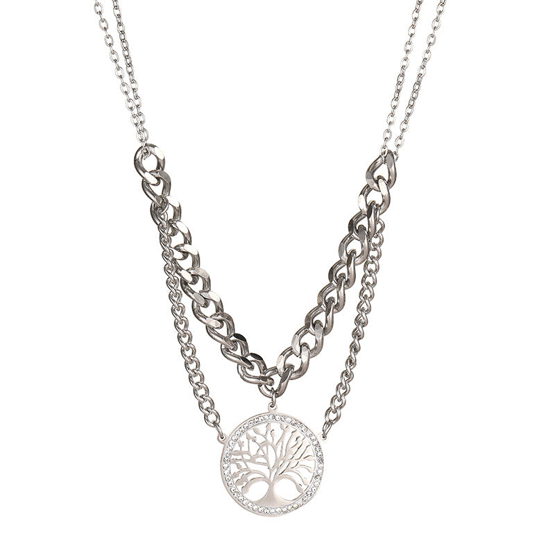 Wholesale Tree of Life Titanium Steel Necklace Double Layer