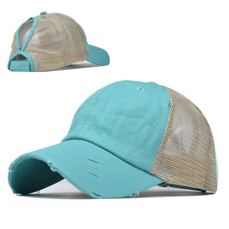 Wholesale Fashion Distressed Ponytail Baseball Cap For Women Curved Brim Adjustable Mesh Sun Hat Outdoor