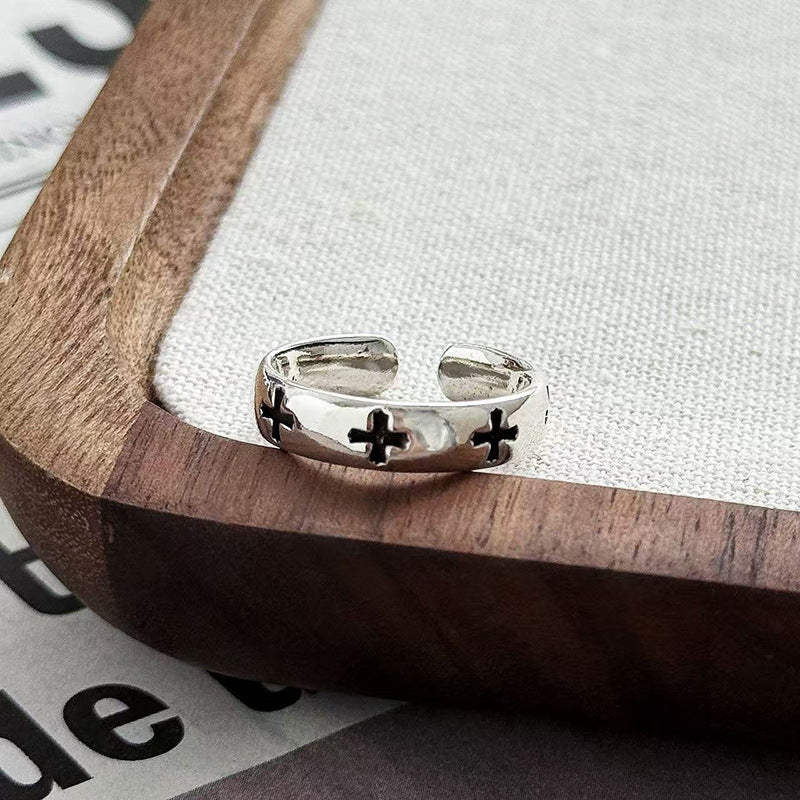 Wholesale Vintage Distressed Cross Ring Copper Zircon Stackable Fashion Accessory