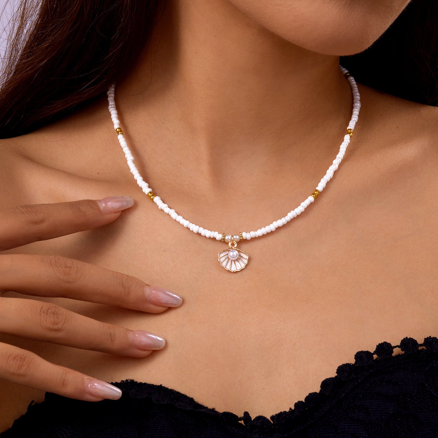 Wholesale summer rice beads necklace  shell rice beads short necklace