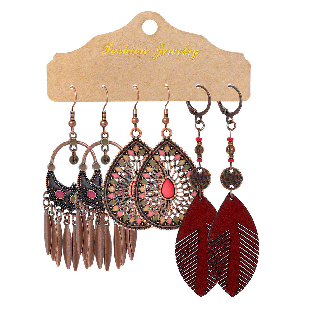 Wholesale Retro Ethnic Round Metal Tassel Earrings Set Fashion Accessory