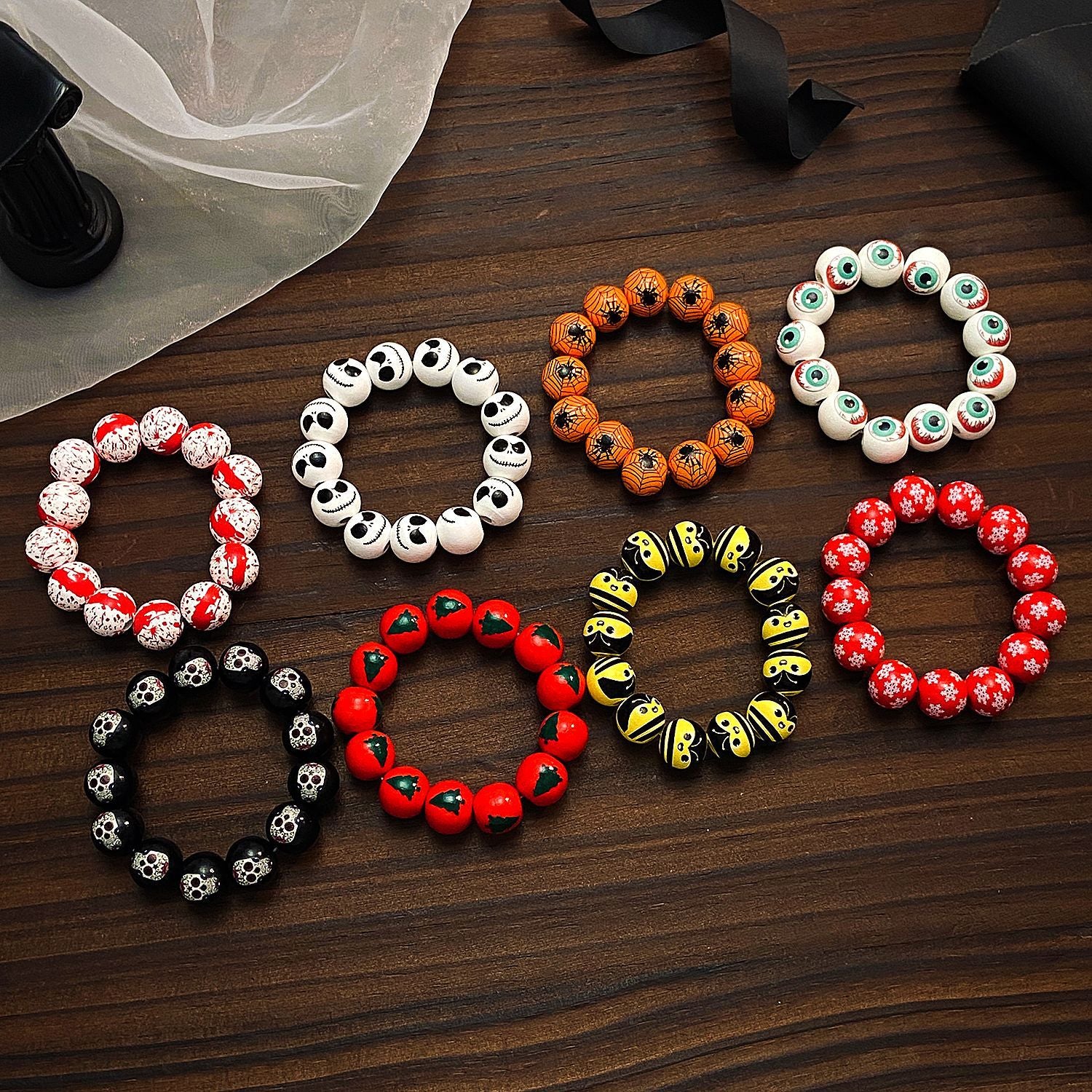 Wholesale Wood Beaded Bracelet with Pumpkin and  Print  Festival Jewelry Accessory