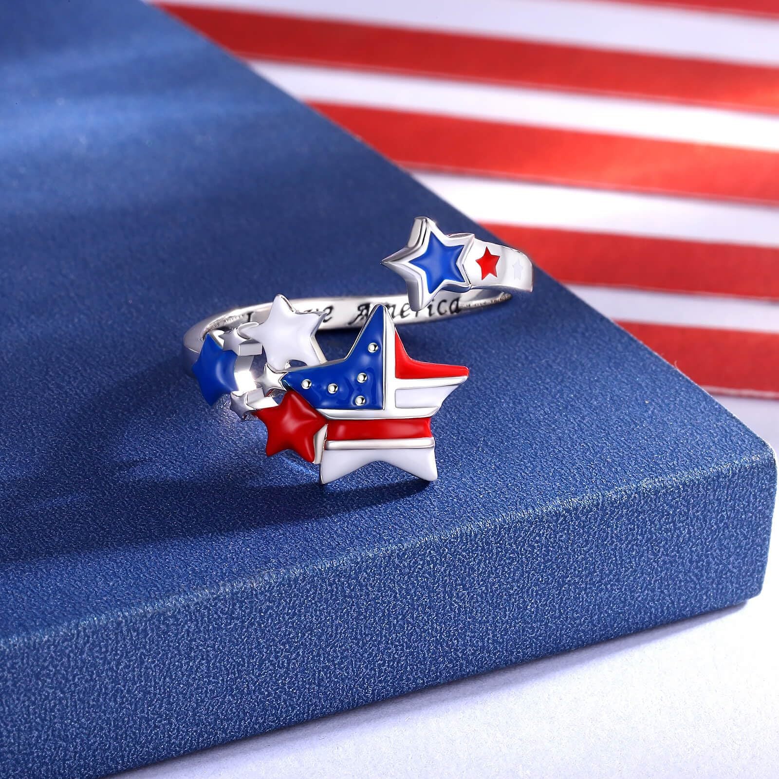 Wholesale American Independence Day Red White Blue Star Ring Oil Dropping Diamond Five-pointed Star Ring