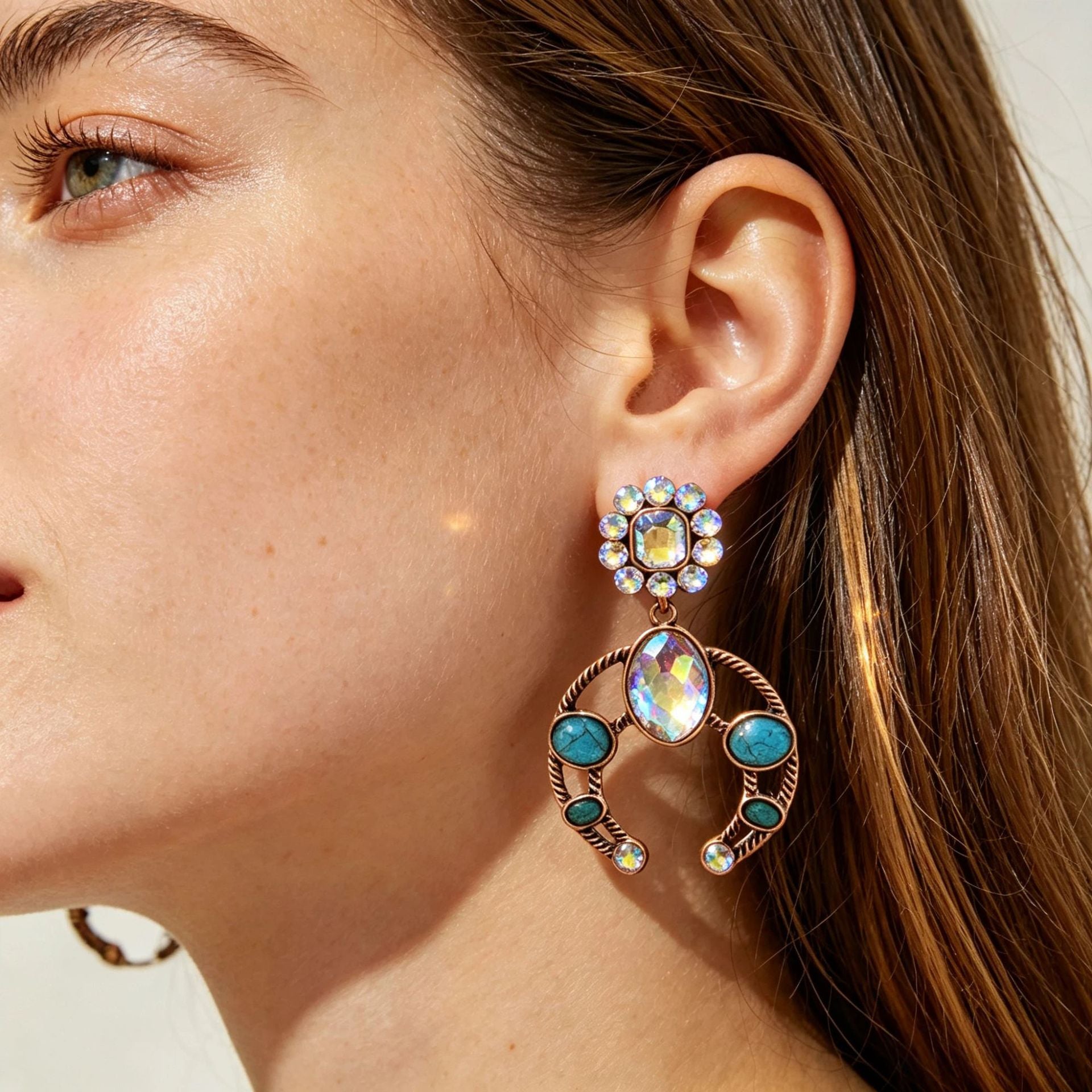 Wholesale Zinc Alloy Electroplated Crescent Blue Turquoise Stud Earrings With Rhinestones Stylish Fashion Accessory For Women