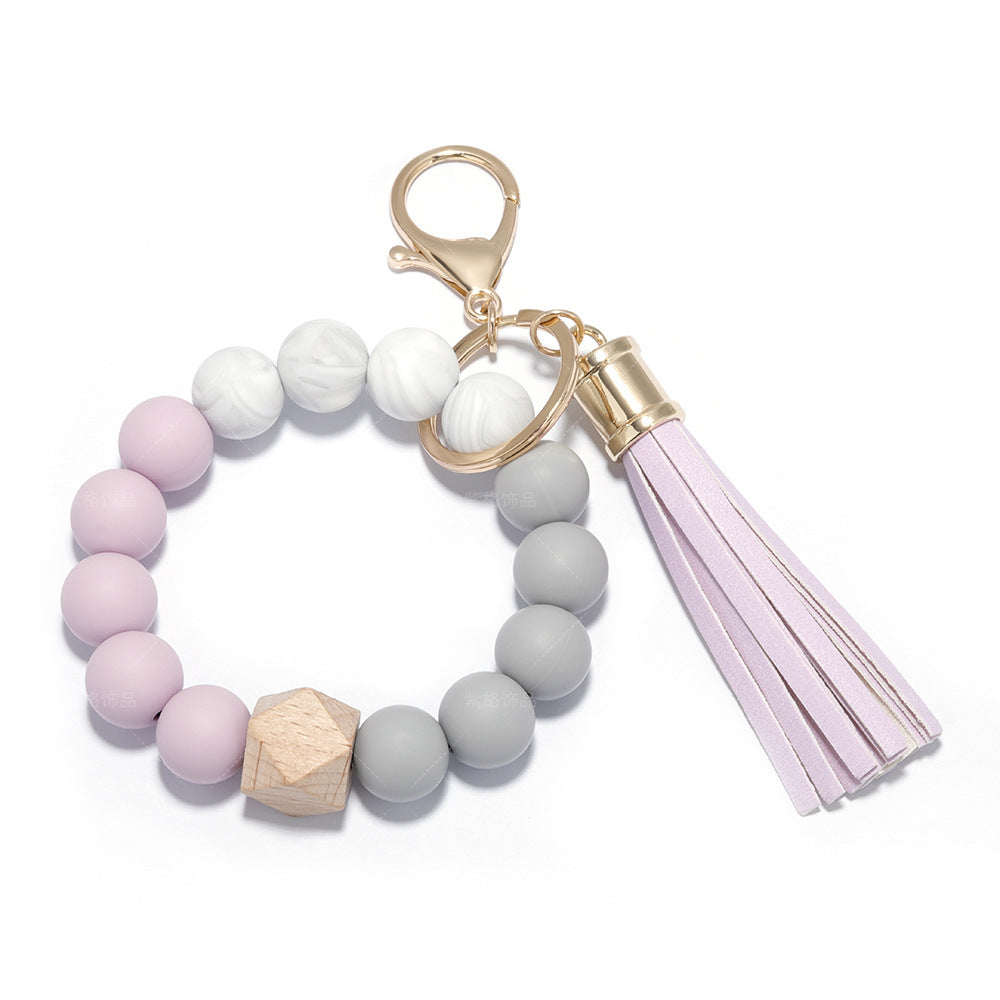 Wholesale Wristlet Keychain Silicone PU Beaded Leather Tassel