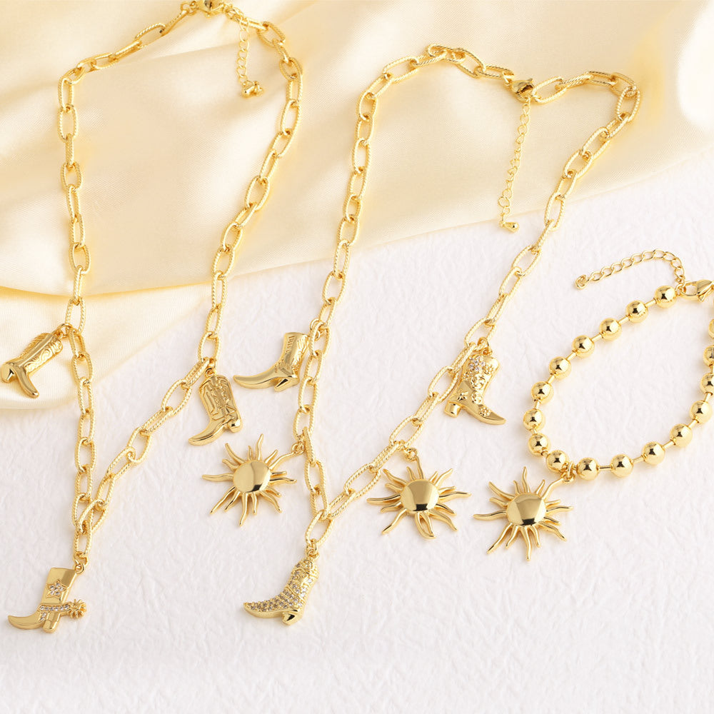 Wholesale Copper-Plated 18K Gold Glossy Sun Pendant Versatile Necklace Bracelet