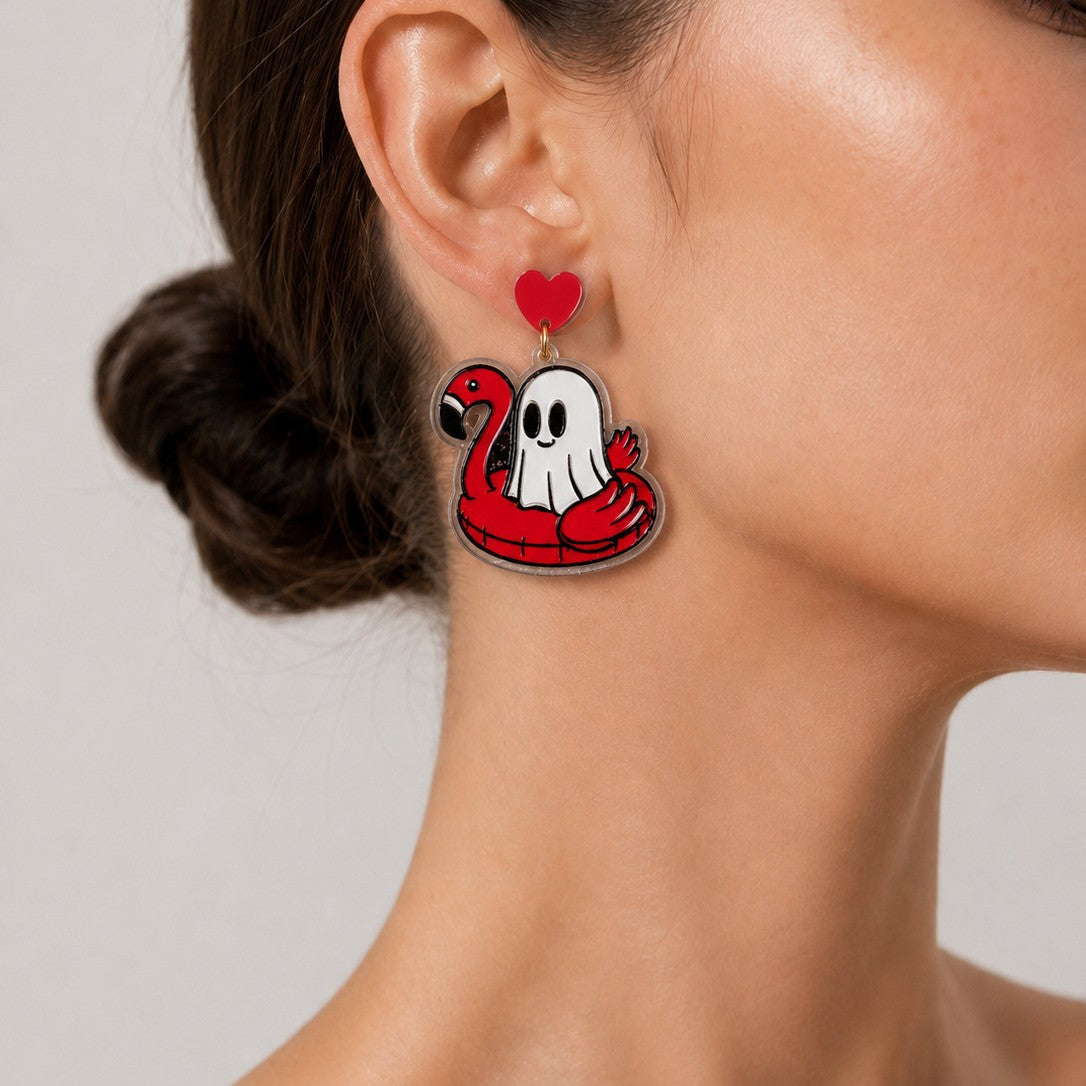 Wholesale Cute Acrylic  Ghost Earrings Pink Flamingo Swim Ring Design Party Jewelry Accessory