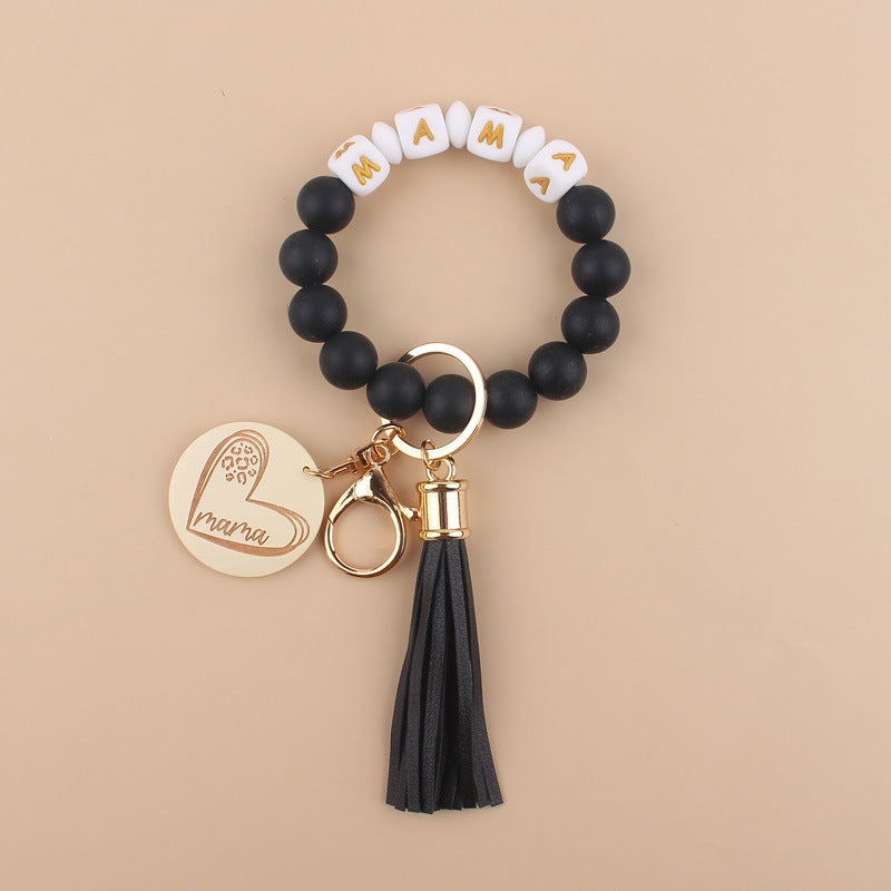 Wholesale Cartoon Love Wooden Brand MAMA Silicone Beaded Wrist Keychain ACC-KC-GuangTian026