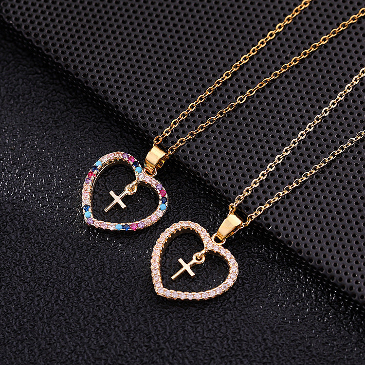 Wholesale Copper Heart Cross Pendant Necklace Micro Set Colored Zircon Trendy Jewelry Accessory For Boutique Resale