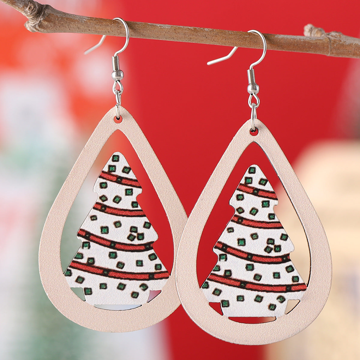 Wholesale Christmas ribbon dessert Christmas tree water drop pendant earrings wooden