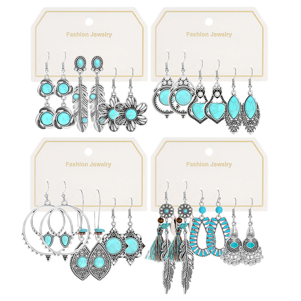 Wholesale European and American Cross-Border Hot Selling New Turquoise Earrings Set Fashion Ethnic Holiday Style Earrings Earrings Manufacturer