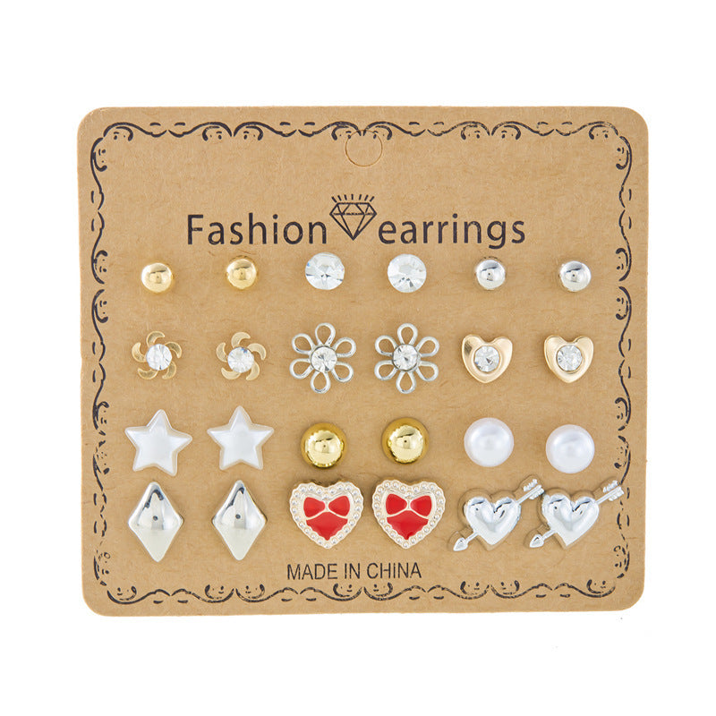 Wholesale month combination earrings 12 pairs of flowers love stars and moon diamond  earrings suit