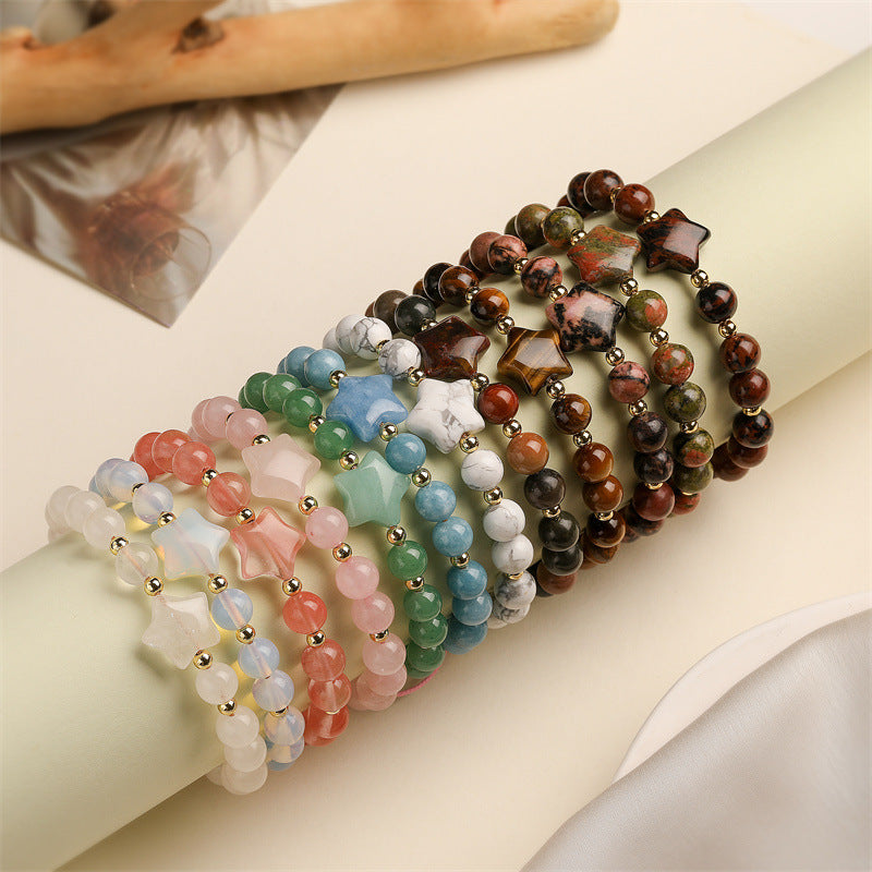 Wholesale Handmade Tiger Eye Pink Crystal Beaded Bracelet With Minimalist Star Charm Unisex Casual Fashion Accessory