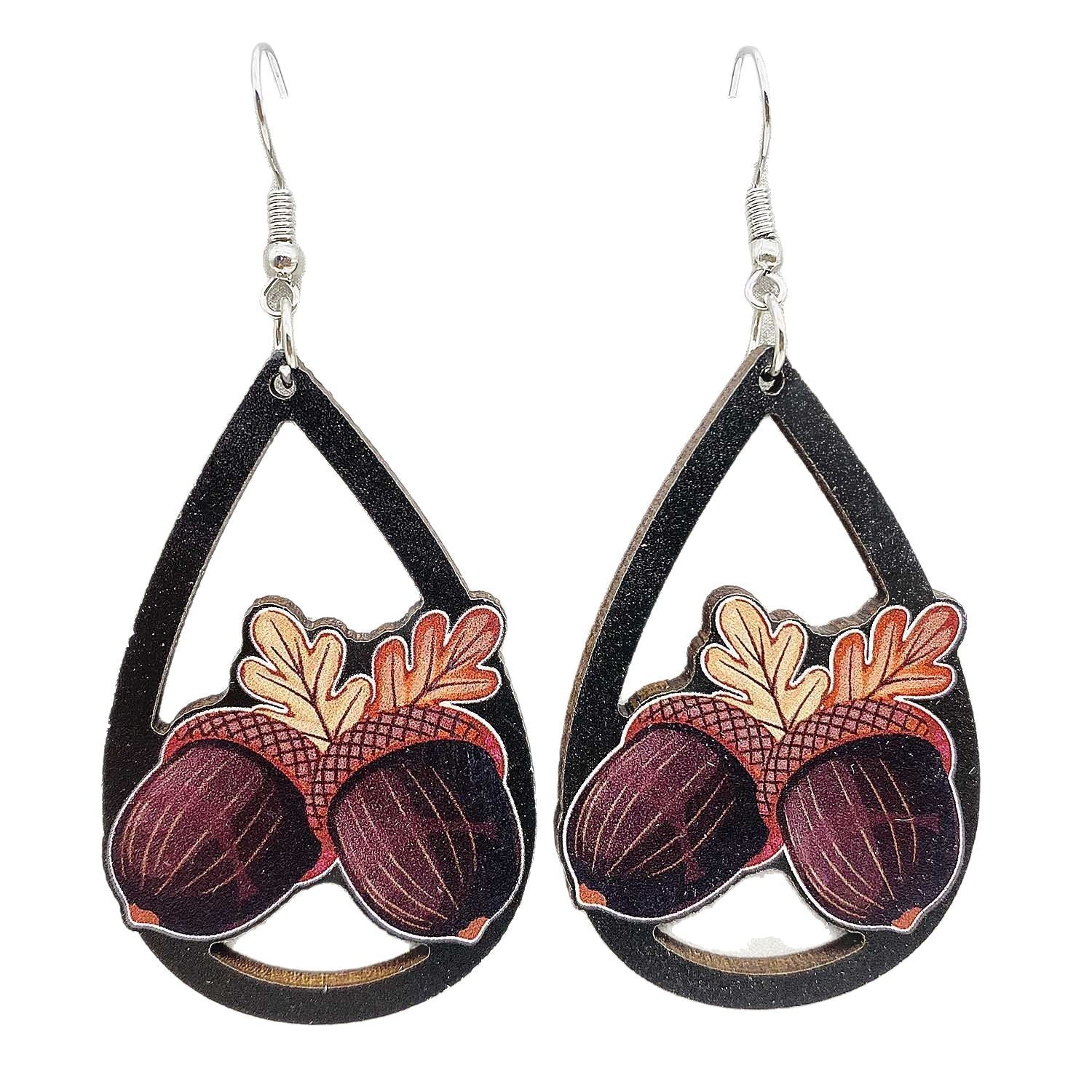 Wholesale  Thanksgiving Wooden Earrings Pumpkin Turkey Maple Leaf Print Drop Earrings