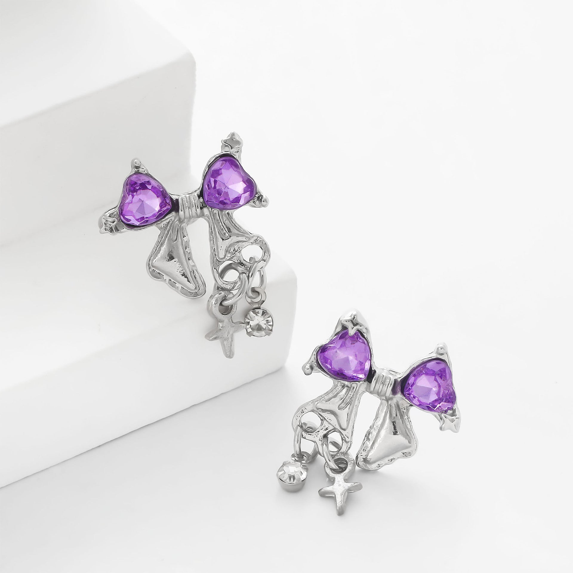 Wholesale Versatile Bowknot Star Heart Purple Diamond Earrings