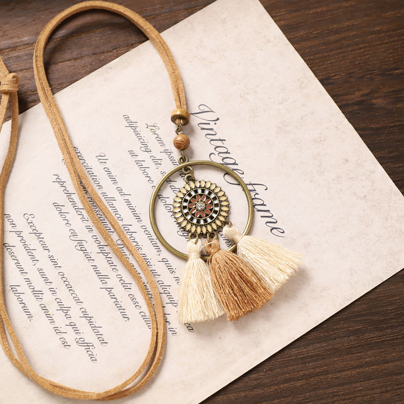 Wholesale Bohemian Vintage Long Tassel Necklace,  Handwoven Mixed Material Pendant,  Chic Jewelry Accessory for Women