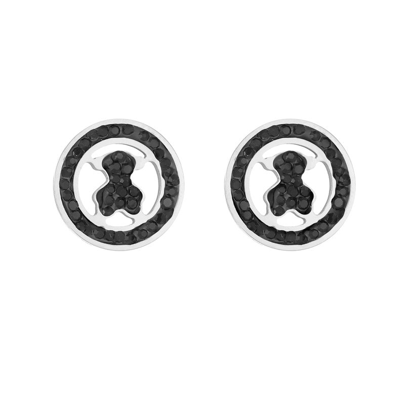 Wholesale Titanium Steel  Bear New Round Diamond Black Bear Necklace Earrings suit  Necklace