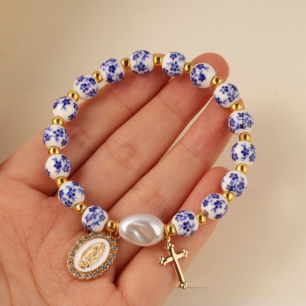 Wholesale 2PCS Blue and white porcelain ceramic man-made pearl cross bracelet