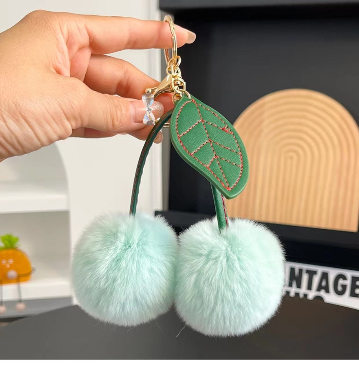 Wholesale genuine rex rabbit fur cherry car keychain