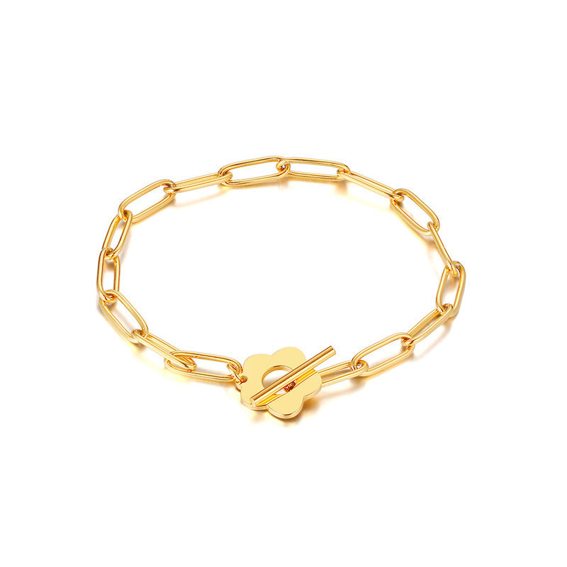 Wholesale Women' s Titanium Steel Bracelet with OT Clasp and Floral Charm — 18K Gold Plated