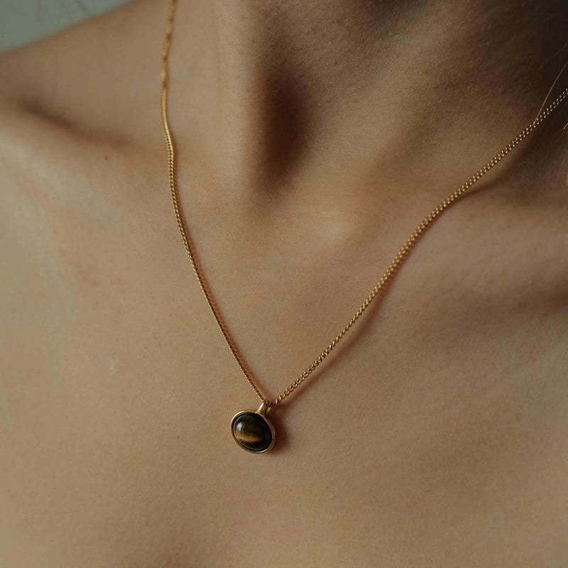 Wholesale  18K Gold Tiger Eye Oval Pendant Necklace