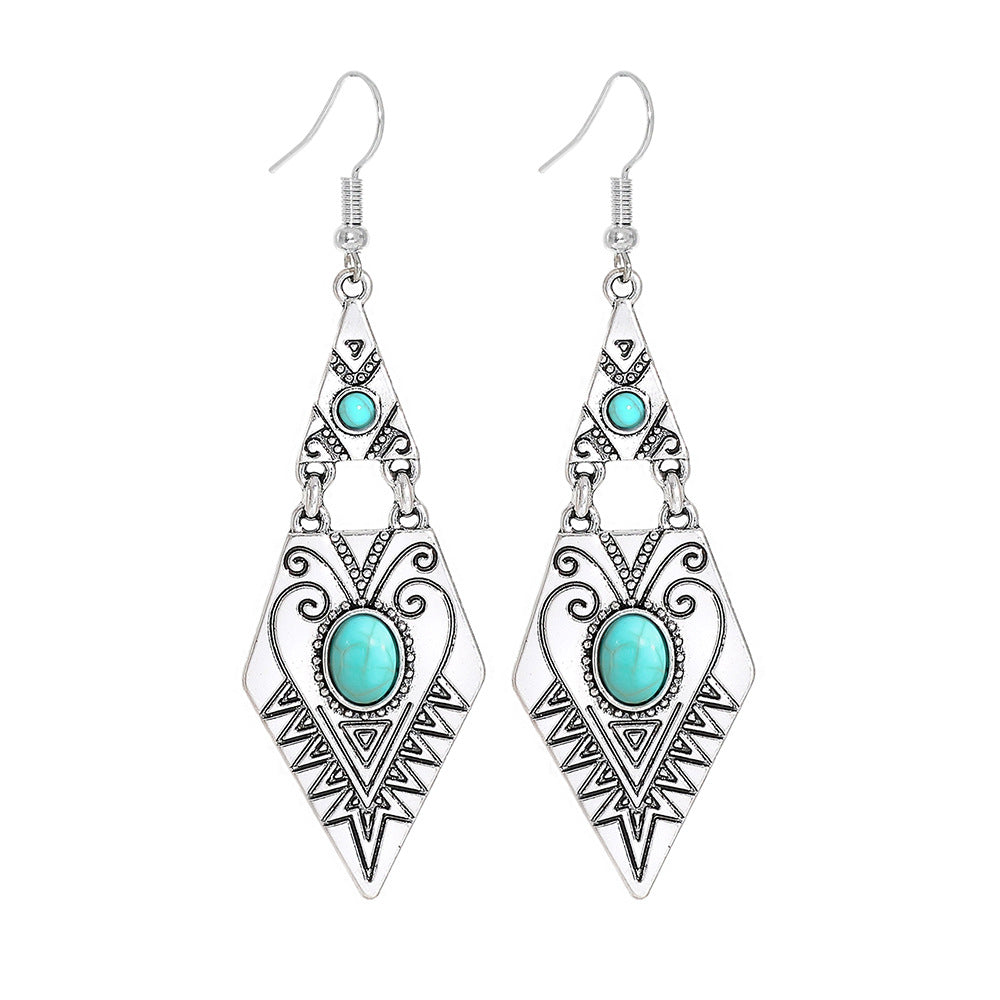 Wholesale Bohemian Turquoise Geometric Metal Texture Earrings Fashion Accessory for Party Boutique Resale