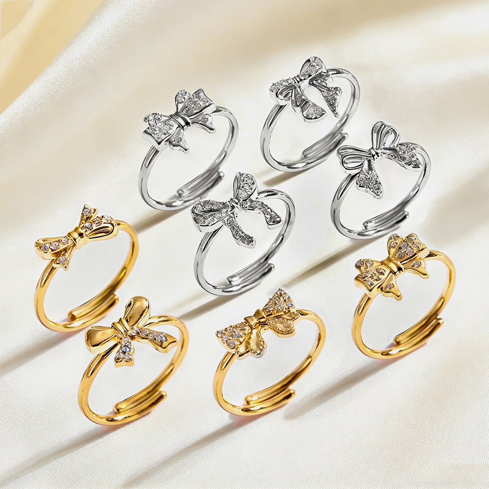 Wholesale 2PCS Steel-titanium bow zircon ring adjustable