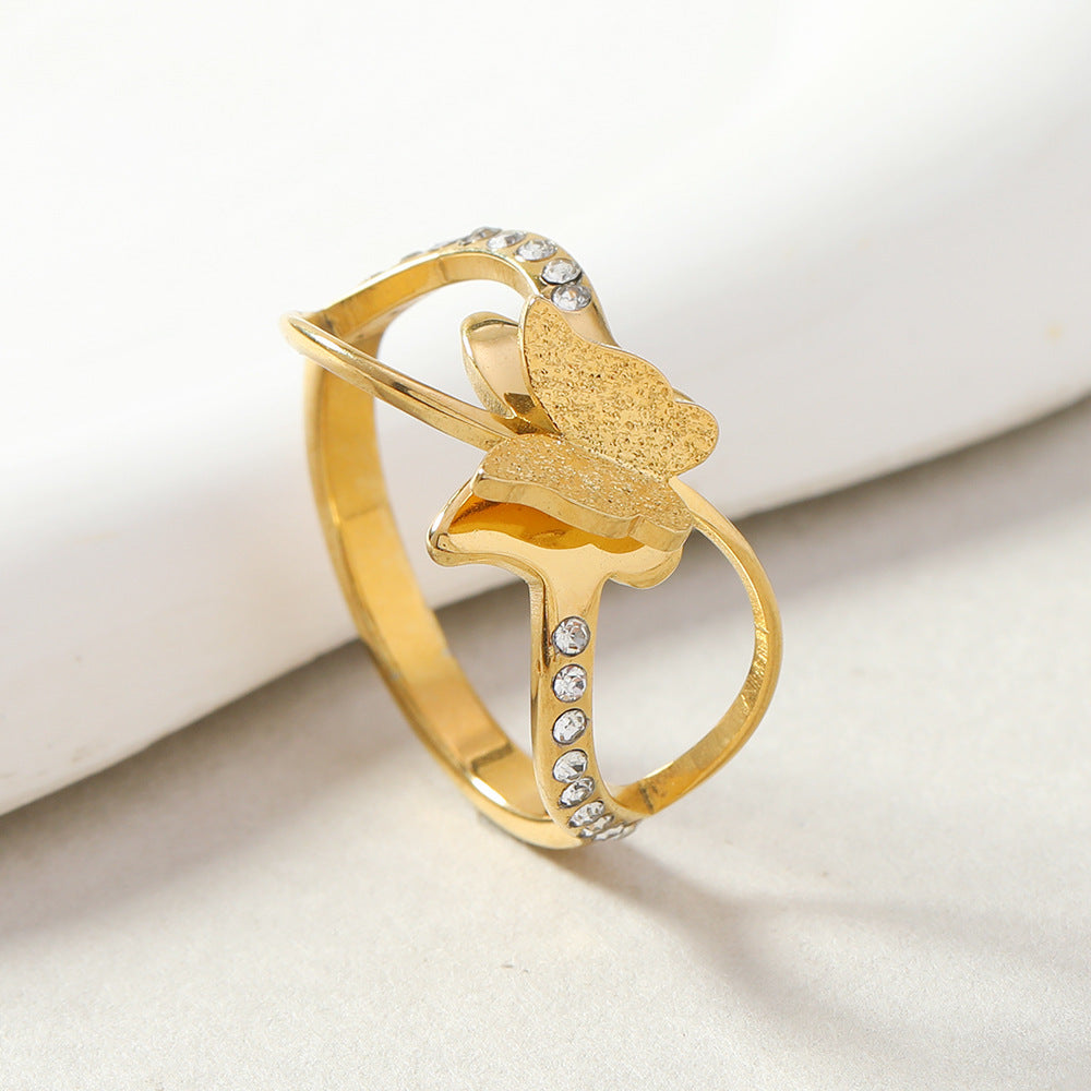 Wholesale Micro Diamond Stainless Steel Ring Double Layer Frosted Cross Butterfly Rings ACC-RS-WangG006