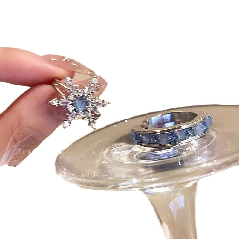 Wholesale  Flash Blue Zircon Snowflake Ring