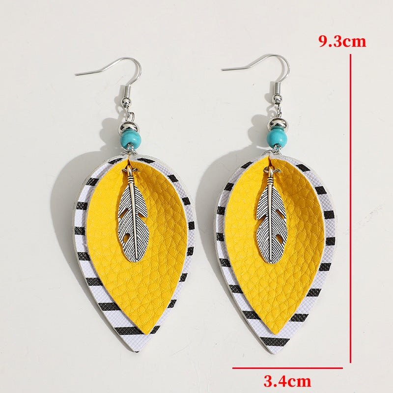 Wholesale Bohemian-Style Bright Yellow Color-Block Striped Leather Earrings