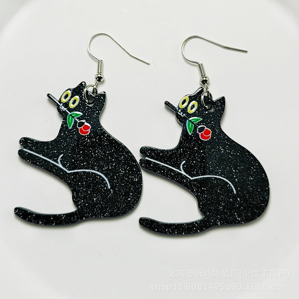 Wholesale Acrylic Sheet Cartoon Black Cat Rose Flower Earrings ACC-ES-Qiyu004