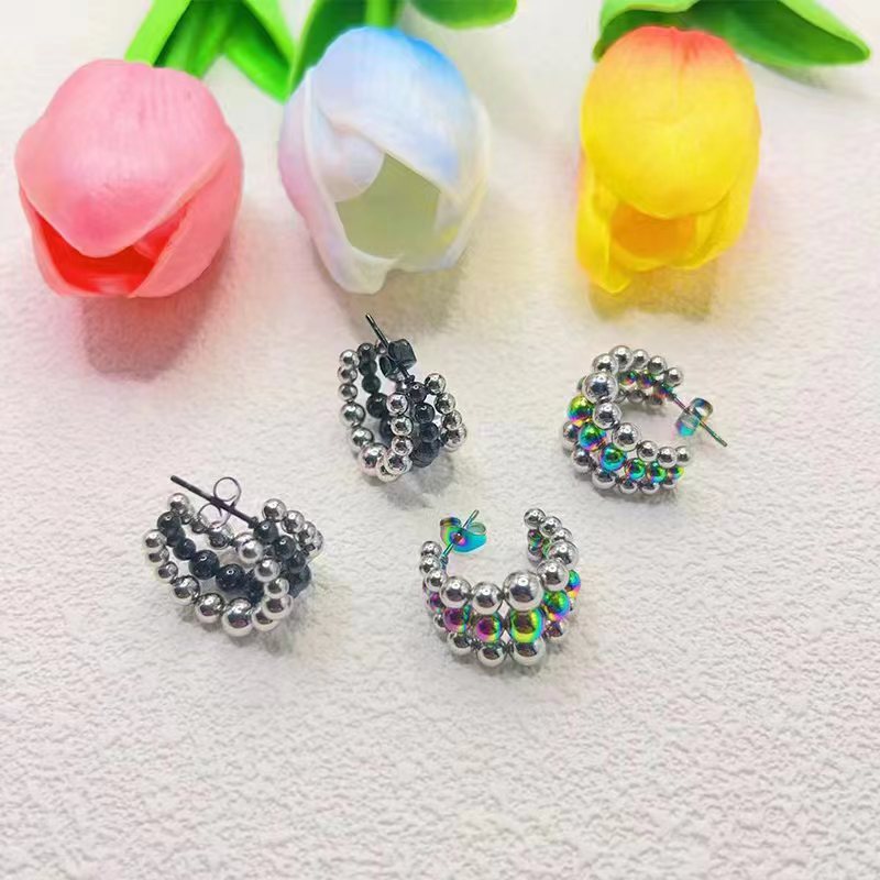 Wholesale Three-layer C-shaped Stainless Steel Earrings Light Luxury Earrings Steel Bead Earrings ACC-ES-BaiL004