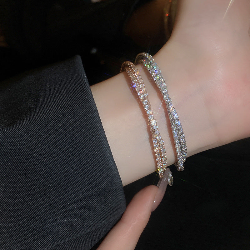 Wholesale Light Luxury Double Layer Cross Zircon Open Bracelet