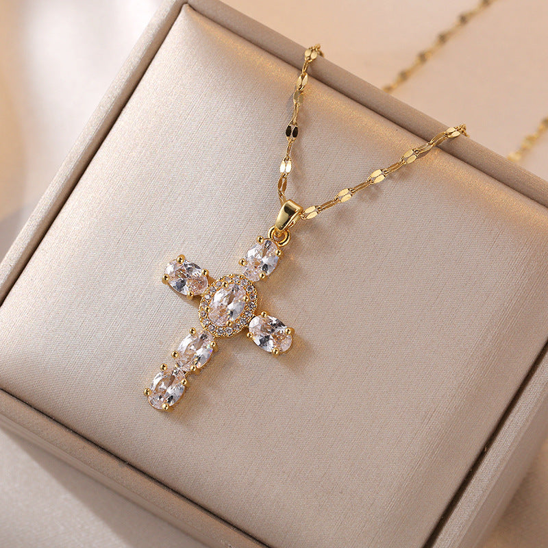 Wholesale Gold Plated Zircon Cross Pendant Necklace Korean Style Layering Collarbone Chain Trendy Jewelry Accessory For Women Gift