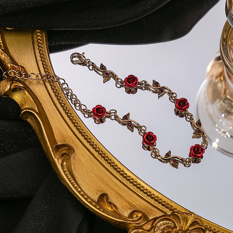 Wholesale  Rose Earrings Vintage Romantic Red Flower Bracelet  Necklace suit